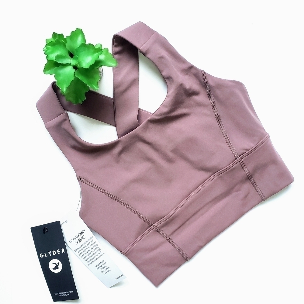 Glyder One Crop Bra Cross Back Sports Bra in Lavender Bark Mocha Mauve Brown XS